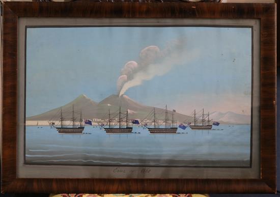 Neapolitan School c.1860 English warships in the bay of Naples with Vesuvius beyond 16 x 24in.